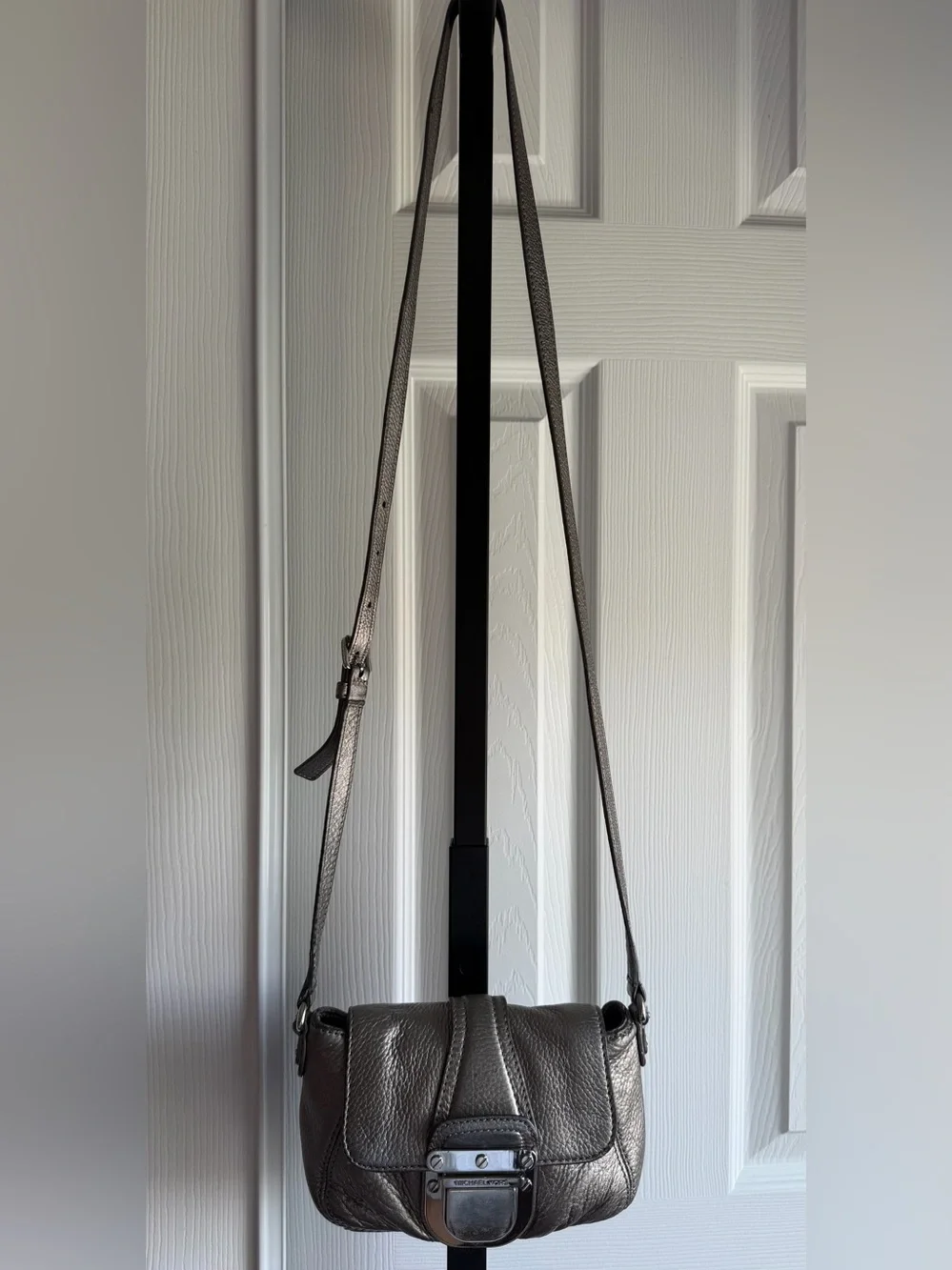 Michael Kors Charlton Small Pebbled Leather  Metallic Silver Color Crossbody Bag